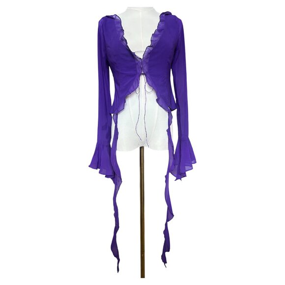 Peppermayo Tie Front Sheer Ruffle Blouse Purple Long Sleeve S - Picture 7 of 12